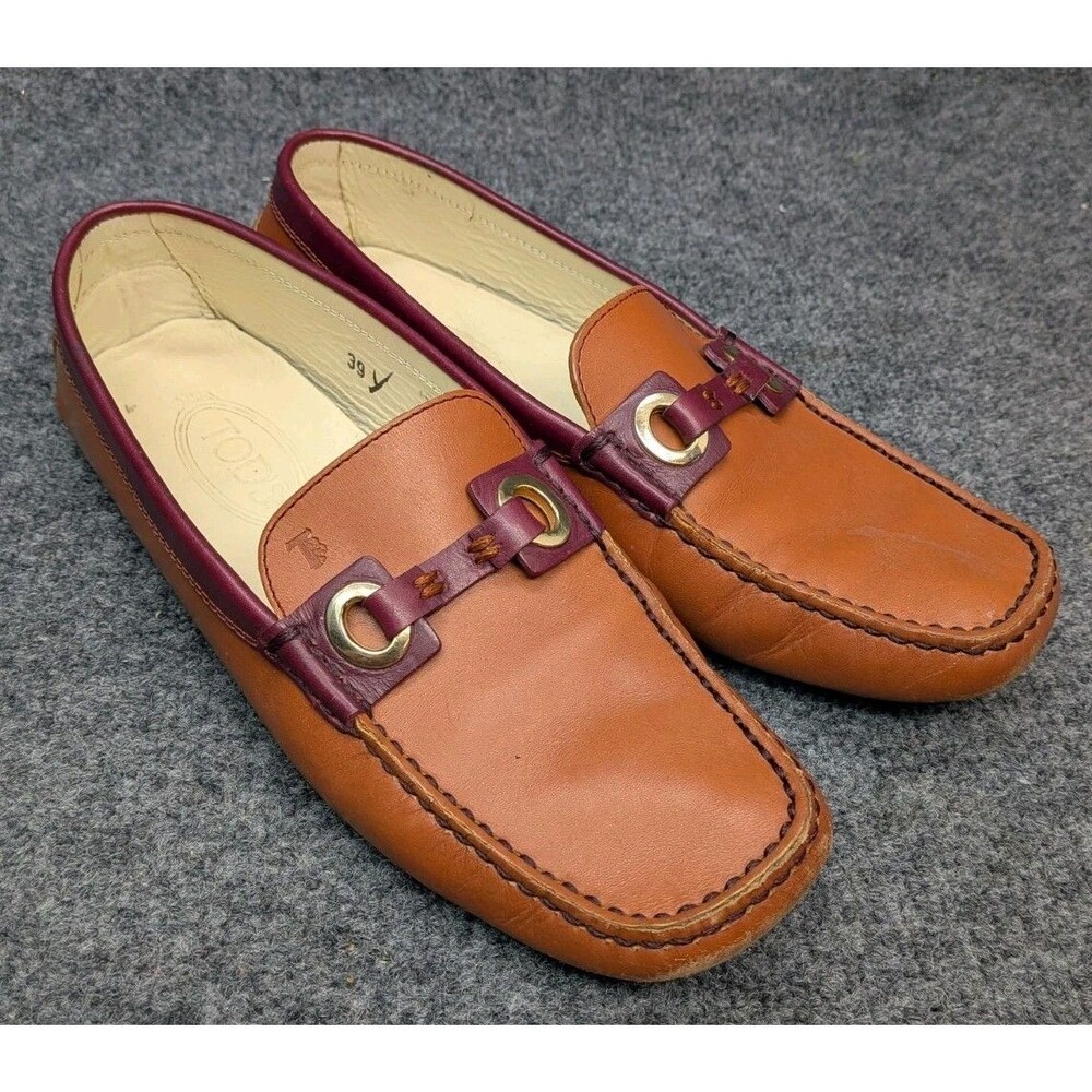 Tod's Women's Leather Driving Loafers Brown Burgundy Size 39 Italy Pebbled Sole - Picture 8 of 16